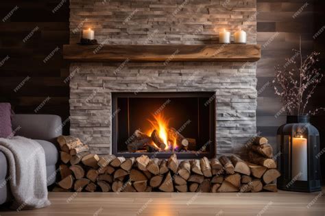 Premium AI Image | Contemporary interior design showcasing fireplace with burning wood