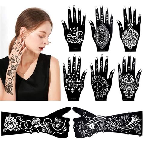 8 Feuilles Tatouage Pochoir Pour Main Bras Corps Paillettes Mehndi