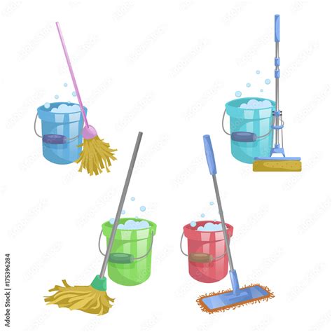 Cartoon house and apartment cleaning service icon set. Mops with bucket ...