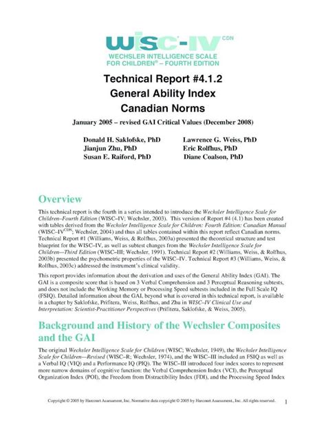 Pdf Wisc Iv Technical Report Number Gai With Canadian Norms