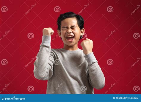 Portrait Of Cute Smart Young Asian Boy Wearing Grey Shirt Shows Winning