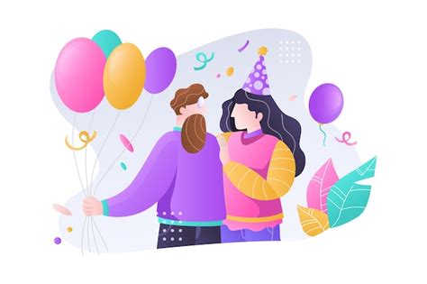 Premium Vector Happy Couple Celebrating Birthday Party With Balloons