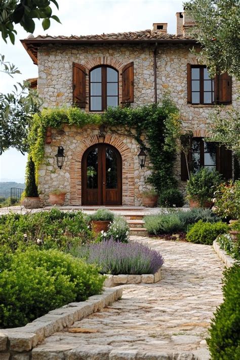 Modern Tuscan Mediterranean House Stone Facade With Wooden Arched