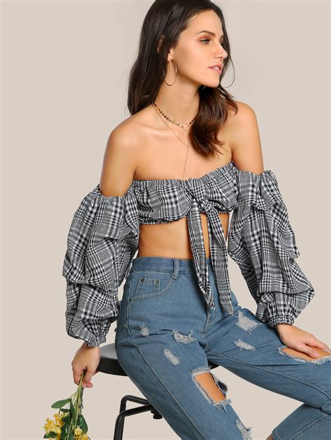 Gingham Print Bardot Sleeve Crop Top Black Shein Sheinside