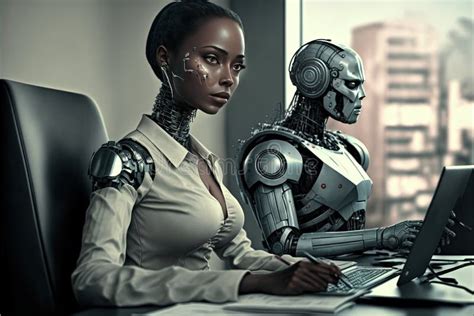 Robot is Working Together with Human Android in an Office for AI ...