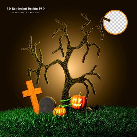 Premium PSD Halloween Design With Graveyard Naked Trees Graves And