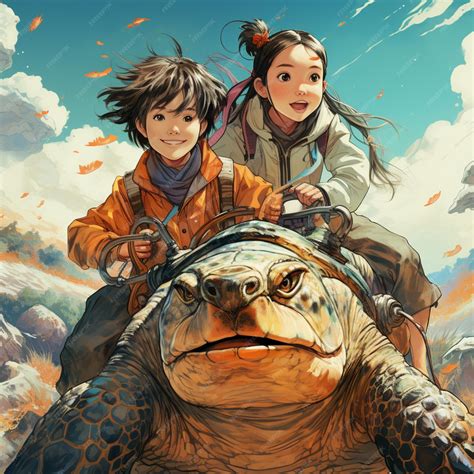 Premium Photo Anime Art Of Two Children Riding A Turtle In The Sky