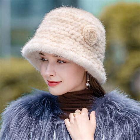 Women S Real Mink Fur Hat Knitted Bucket Hat Winter Cap Beanies Outdoor