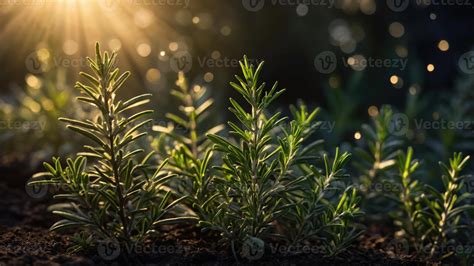 Lush green rosemary plants growing vibrantly in rich soil under soft