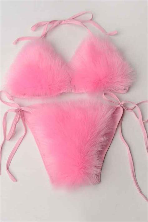 Sexy Fluffy Fur Bikini Swimwear Two Piece Set Reflex Garments