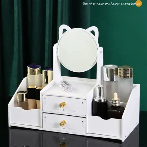 Luxury White Round Mirror Nordic Cosmetic Storage Box Makeup Organizer ...