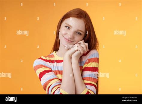 Sweet Silly Tender Redhead Young Girl Leaning Palms Touched Smiling