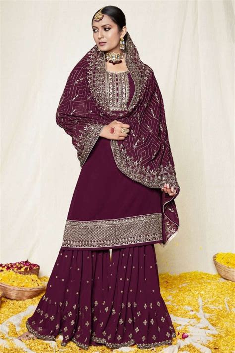 Wine Embroidered Georgette Eid Sharara Suit Ss