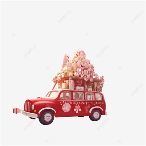 Red Santa Car With T On Roof In Christmas Tree Forest With Candies