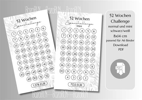 52 Weeks Challenge Savings Challenge Black White Pdf For A6 Envelopes