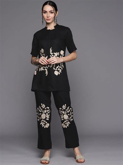 Viscose Rayon Indo Era Black Embroidered Straight Top Trousers Set At