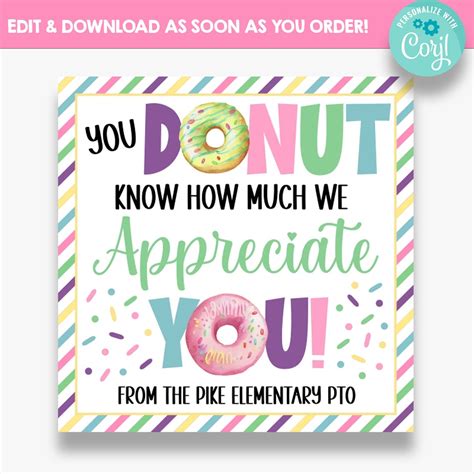 Editable You Donut Know How Much We Appreciate You Gift Tags Donut