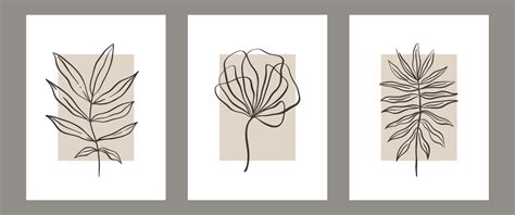 Set Of Botanical Contemporary Wall Art Poster Tropical Foliage Line Art Drawing With Abstract