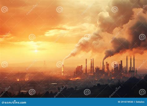 Industrial Complex Emitting Smoke Against An Orange Hazy Sunset Stock