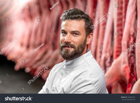 Portrait Handsome Butcher White Uniform Meat Stock Photo