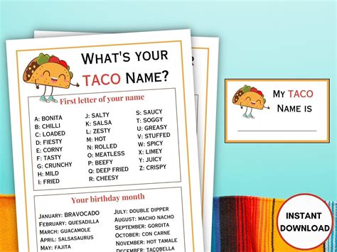 Whats Your Taco Name Whats My Taco Name Cinco De Mayo Games Taco