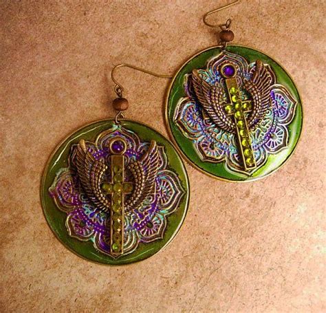 Gothic Angel Wings Cross Earrings Iridescent Olivine Etsy Cross