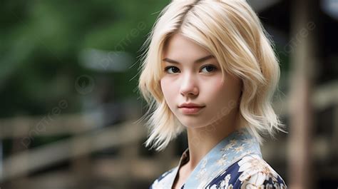 Fundo Jovem Loira Japonesa Com Cabelo Loiro Curto Fundo Menina Loira Em Yukata Foto Fotografia