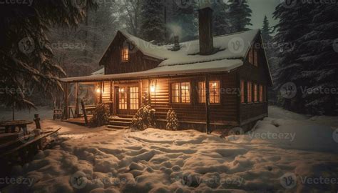 Illuminated log cabin in tranquil winter forest, perfect travel destination generated by AI ...