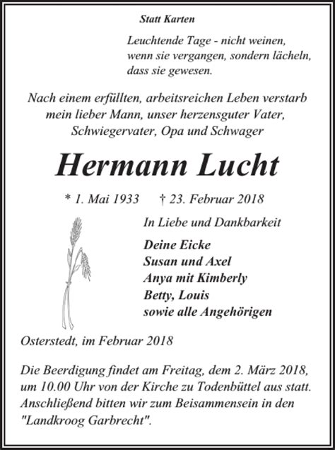 Traueranzeigen Von Hermann Lucht Sh Z Trauer