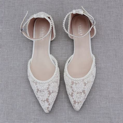 Ivory Lace Round Toe Flats With Mini Pearls Women Wedding Etsy