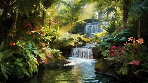 Premium AI Image | A waterfall in a tropical forest with flowers and ...