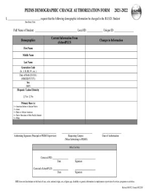 Fillable Online Peims Demographic Change Authorization Form