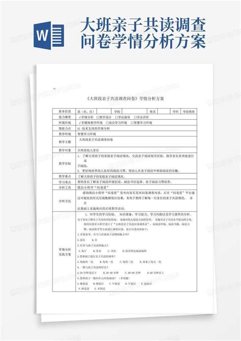 大班亲子共读调查问卷学情分析方案 Word模板下载编号lxxegerp熊猫办公