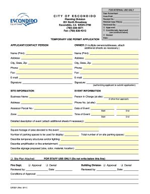 Fillable Online Escondido Temporary Use Permit Application City Of