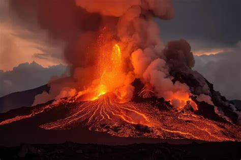 Premium AI Image | Volcanic eruption with lava flowing down the side of ...