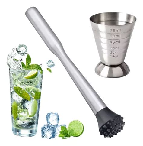 Set Jigger Copa Medidora Macerador Mortero Bar Cocteleria