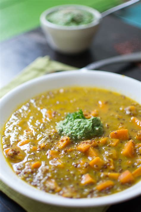 Pumpkin Red Quinoa And Sweet Potato Soup W Hemp Nut Kale Pesto Bring Joy