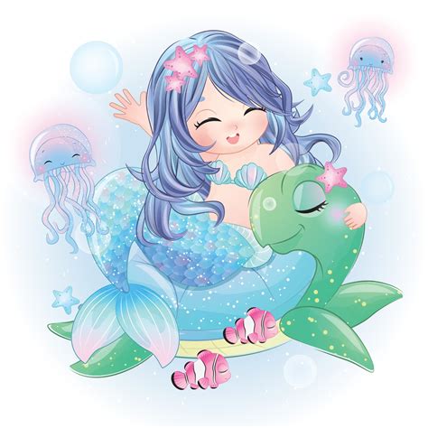 Cute Mermaid With Watercolor Illustration 2075132 Vector Art At Vecteezy