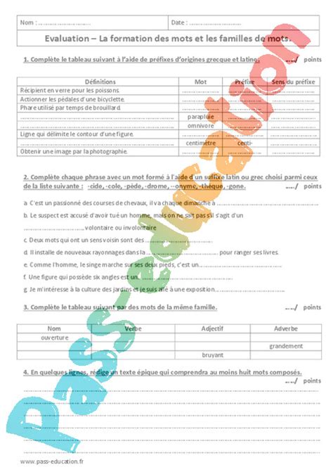 Evaluation Familles De Mots Me Bilan Et Controle Corrig Pass 83100