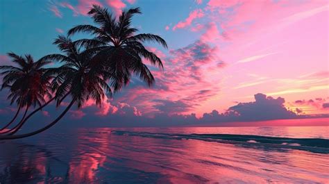 Premium Photo | Painting of Palm Trees on Beach at Sunset