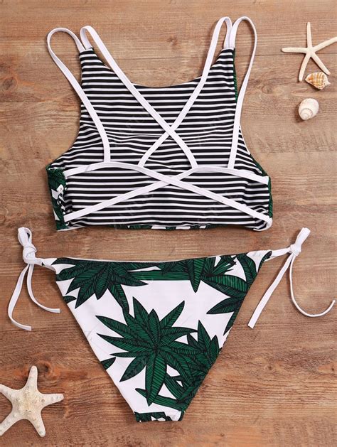 Leaf Print High Neck Bikini Set White And Green High Neck Bikinis