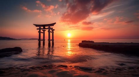 Tori Gate On The Ocean Background Sunset Over The Sea Hd Photography