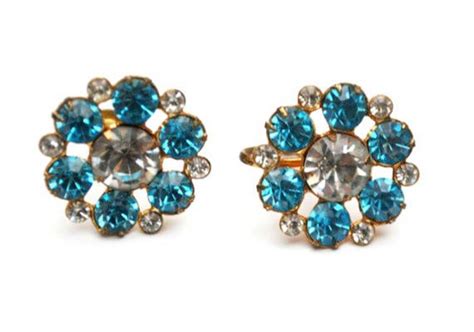 Rhinestone Coro Earrings Blue Flower Mid Century Screw Back Earring