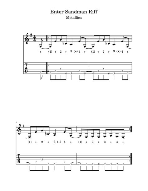 Enter Sandman Riff Sheet Music For Guitar Solo