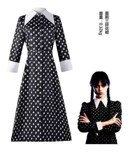 Wednesday Addams Vestido Negro Falda Estampada Disfraz Cuotas Sin Inter S