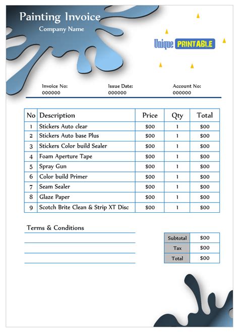 Painters Invoice Template Free