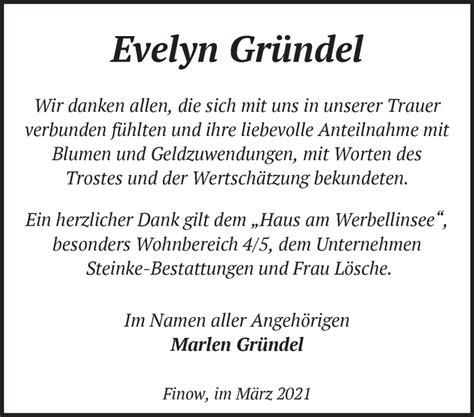 Traueranzeigen von Evelyn Gründel Märkische Onlinezeitung Trauerportal