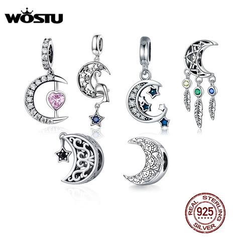 WOSTU 925 Sterling Silver Moon Stars Dangle Charm Zirconia Beads Making