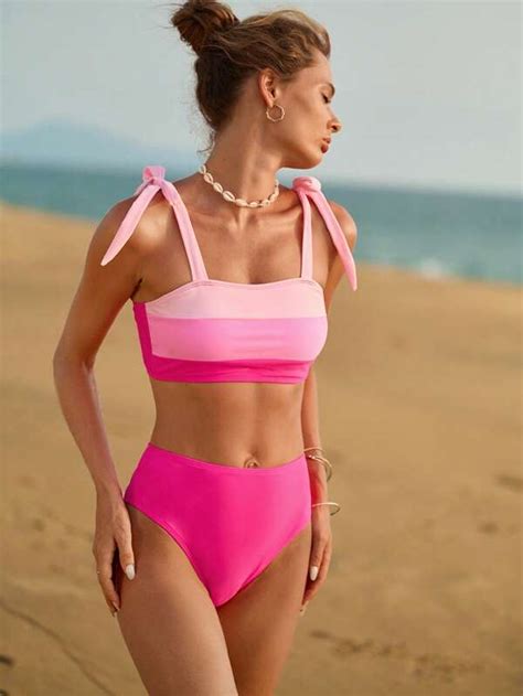 SHEIN Swim Mod Colorblock Tie Shoulder Bikini Swimsuit SHEIN USA