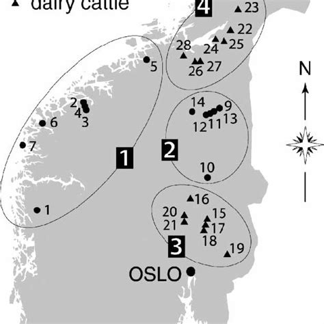 Map Of Southern Norway Indicating The Locations Of 27 Farms In The